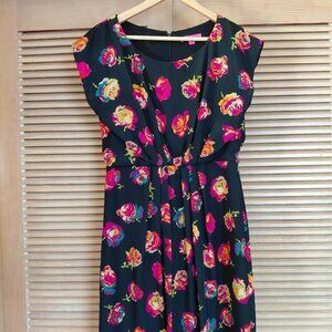 Betsey Johnson Black Rose Floral Mini Dress Gathered Waist Size 8